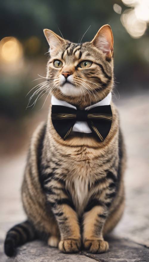 An adorable tabby cat wearing a black and gold striped bow tie, looking off into the distance. Tapeta [44acb0176acc4221a4b8]