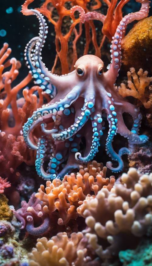 An assortment of multi-colored octopuses, each occupying a different level of a tall coral structure. Wallpaper [5ea022776b2845529b45]