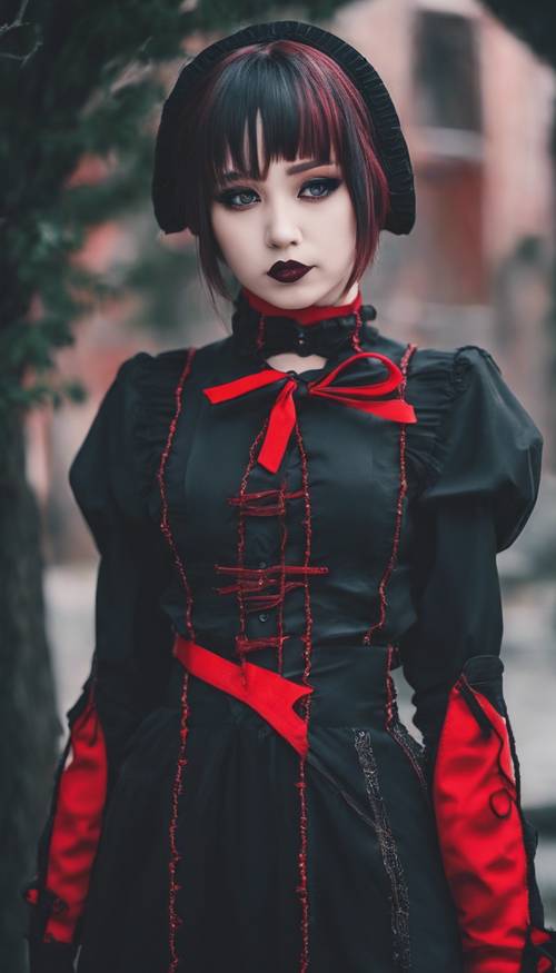 Una graziosa ragazza gotica vestita di nero, con un girocollo rosso e guanti, in stile kawaii.