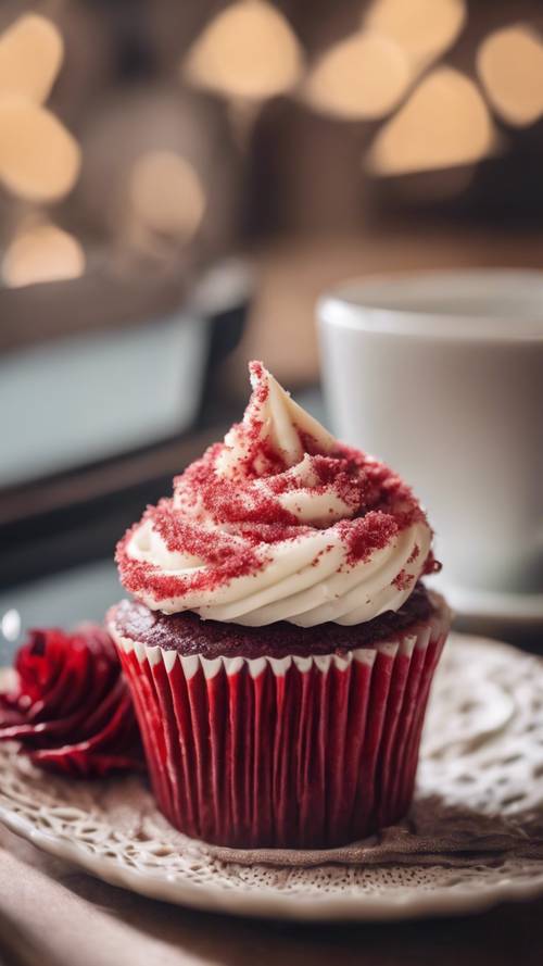 A red velvet cupcake with a creamy frosting, placed next to a cup of coffee.