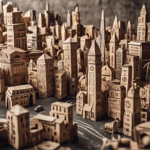 A cityscape crafted entirely from recycled paper and cardboard, showcasing various iconic landmarks.