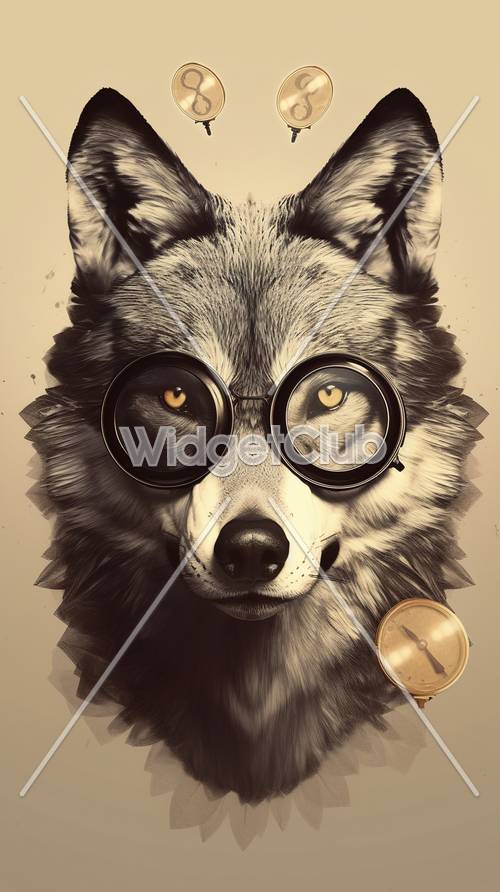 クールなオオカミがメガネと懐中時計をしている壁紙