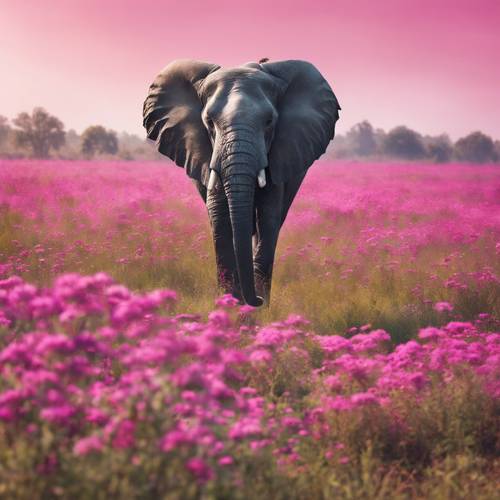 Un éléphant peint en rose vif gambadant dans un champ de fleurs sauvages.