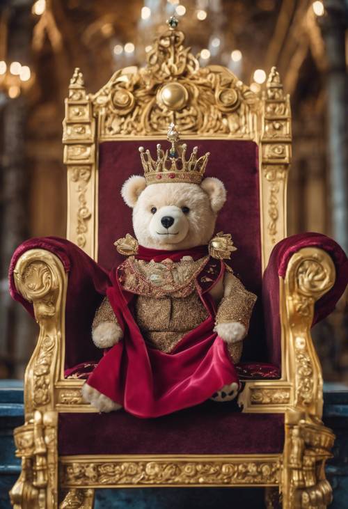 A teddy bear with a royal crown and a cape seated on a throne in his grand palace.