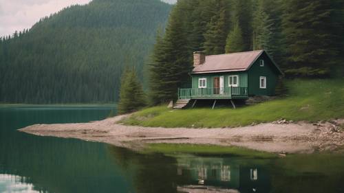 Una imagen pacífica de una cabaña verde junto a un lago, con una cita cálida sobre la soledad.