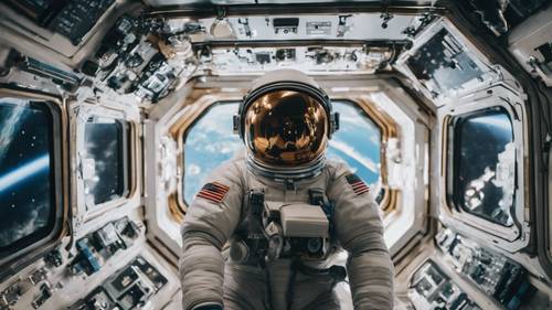 An astronaut floating in zero gravity in the international space station, surrounded by tech tools, using her iPhone 15 Pro.