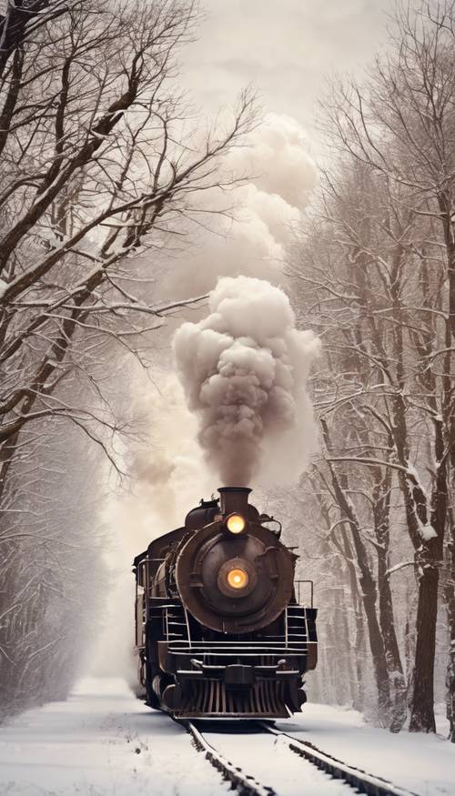 An old-fashioned brown iron train steaming through a winter landscape on Christmas Eve.