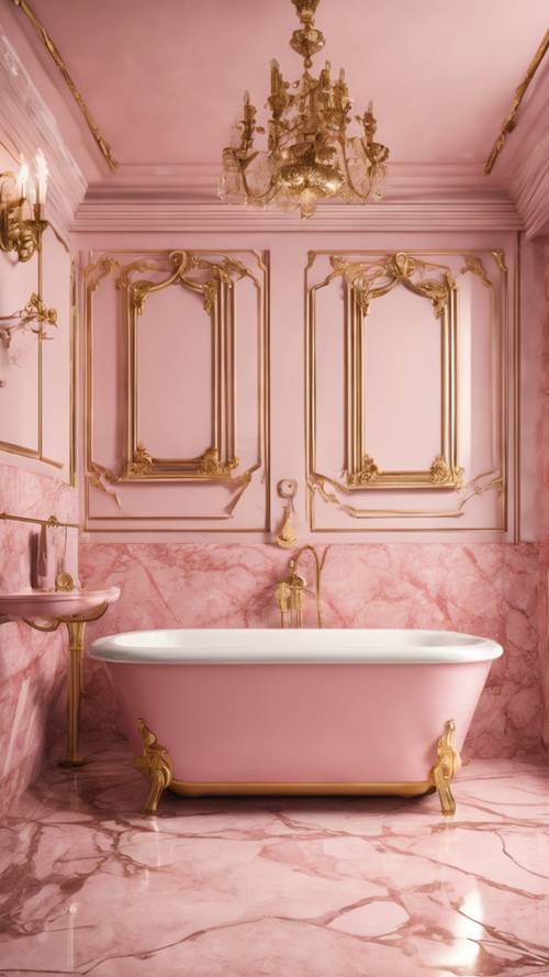 Kamar mandi marmer merah muda dengan perlengkapan kuningan di rumah bergaya vintage.