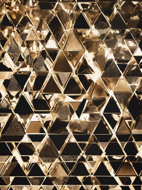 Отображение современного геометрического рисунка металлических оттенков, включающего разнообразные треугольники.