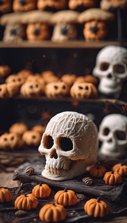 An artisan bakery filled with an assortment of Halloween-themed treats like skull cookies and spider gingerbread. Дэлгэцийн зураг [14bdf1e1d8d94afaacb0]