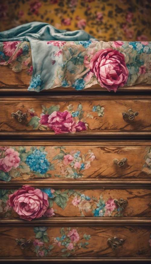 Pemandangan semarak dari kain bermotif bunga tahun 1950-an yang menutupi meja rias kayu antik.