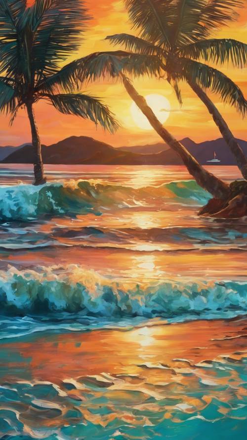 A vibrant Caribbean sunset painting with the setting sun reflecting on the turquoise sea.