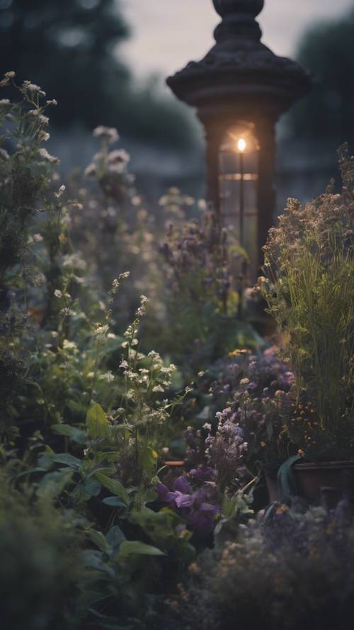 Puslu bir ayın solgunluğu altında, koyu renkli otlar ve çiçeklerle dolu bir cadı bitki bahçesi.