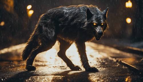 A werewolf with glowing yellow eyes, silently stalking its prey on a stormy night