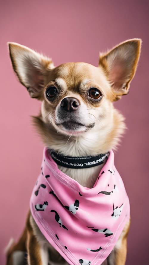 Chihuahua yang lucu dan gemuk mengenakan bandana bermotif sapi berwarna merah muda.