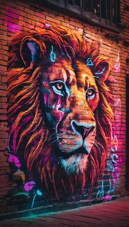 Una animada escena urbana iluminada por luces de neón, con un grafiti de un león rugiente en una pared de ladrillos.