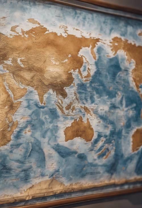 Brown leather map of the world, detailed with blue for oceans and seas, hanging on a wall.