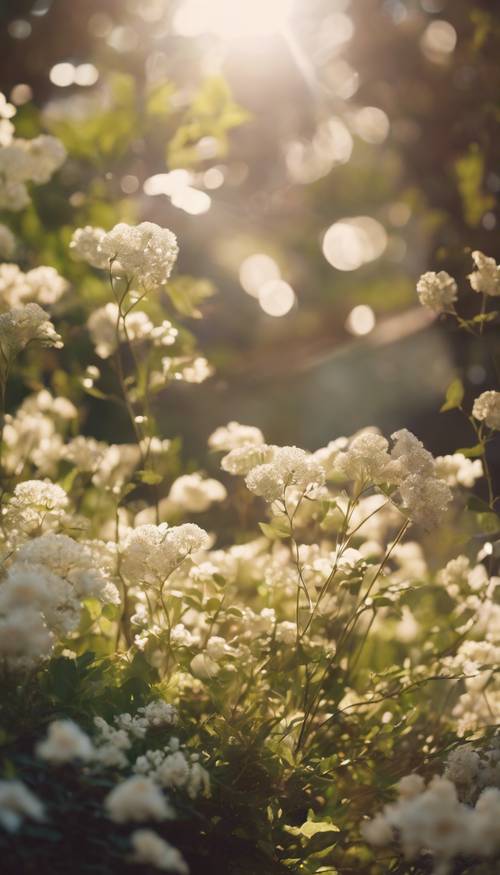 גן שופע מלא בפרחים בצבע שמנת הפורחים תחת אור שמש הבוקר הרך.