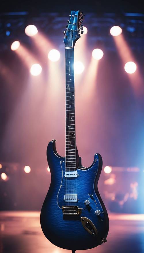 A brand new electric guitar with bright blue color, shining under the spotlights on a concert stage.