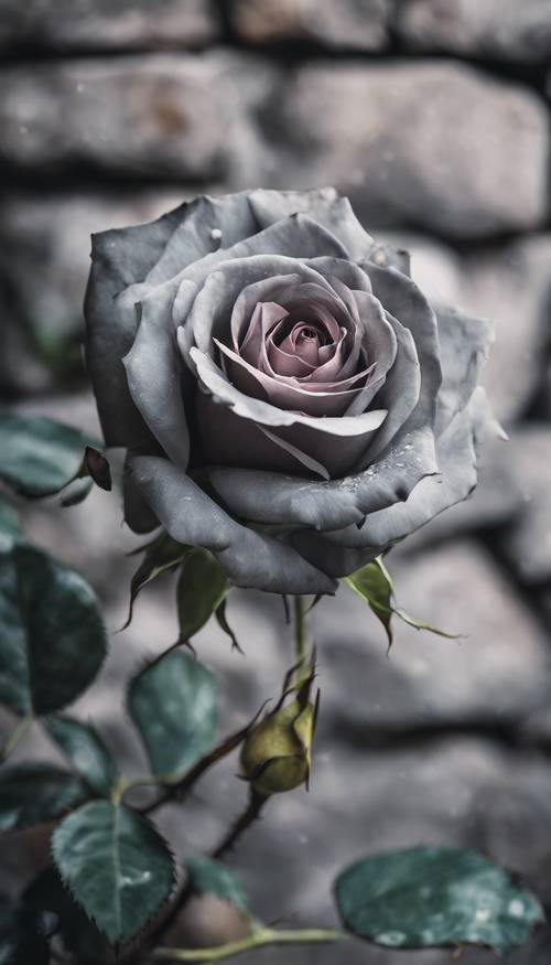 一朵充滿活力的灰色玫瑰映襯在粗糙的灰色石牆的背景下。