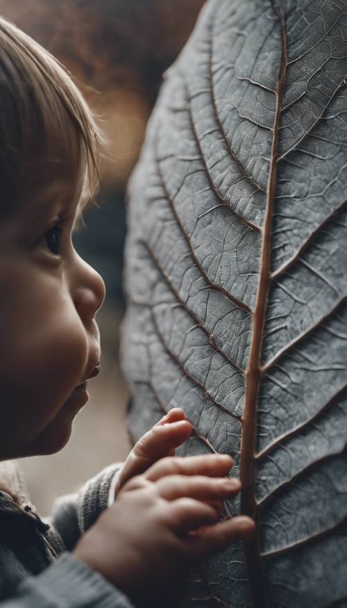 Uma criança maravilhada ao ver uma folha cinza em sua mãozinha.