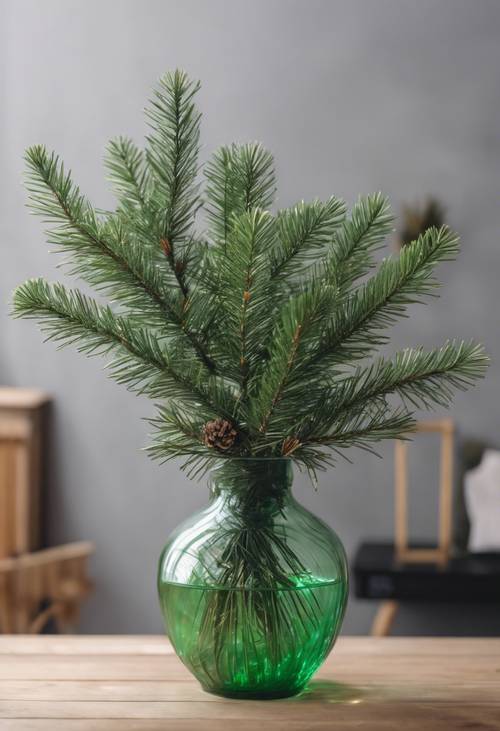 Rami di pino verdi disposti in un vaso come decorazione natalizia per la casa.