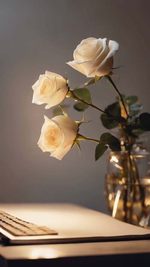 Une rose blanche, baignée par la douce lueur d’une lampe de table, posée à côté d’une machine à écrire.