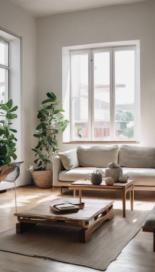 A minimalist living room with white walls, simple wooden furniture, and large windows letting in natural light.