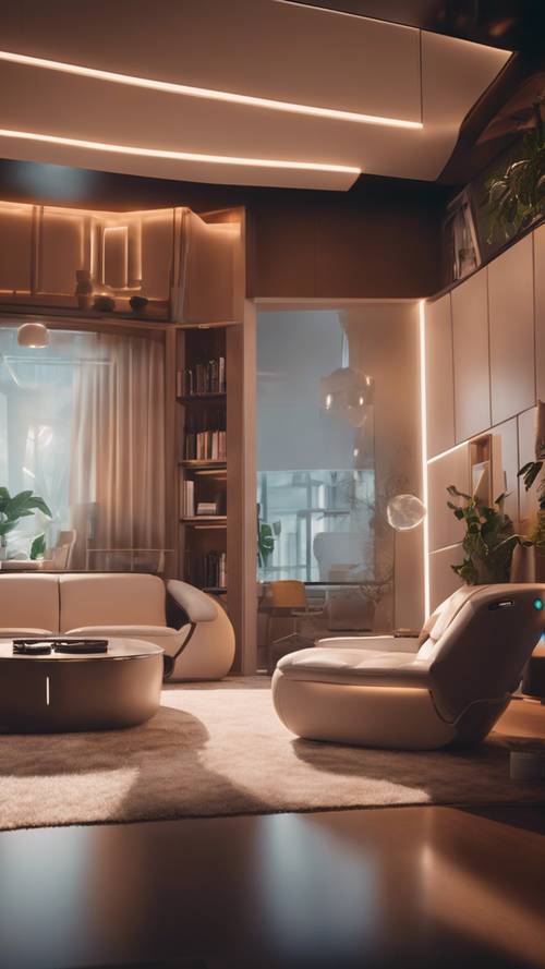 O interior de uma casa futurista bem iluminada, repleta de móveis inteligentes e um mordomo virtual de IA.