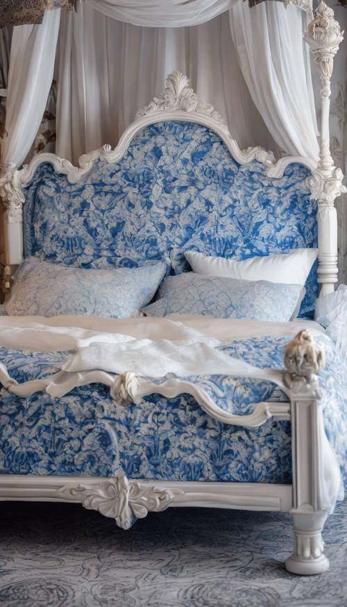Muhteşem bir yatak odasındaki sayvanlı yatağın üzerinde görkemli mavi ve beyaz şam kumaşından bir yatak örtüsü.