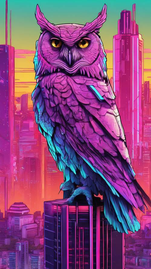 A cybernetic owl perched on the top of a neon saturated skyscraper at dusk. Tapet [946507b5525a4a18a341]