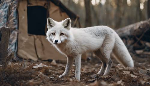 Ein neugieriger weißer Fuchs mit leuchtenden Augen, während er vorsichtig den verlassenen Lagerplatz eines Menschen untersucht.