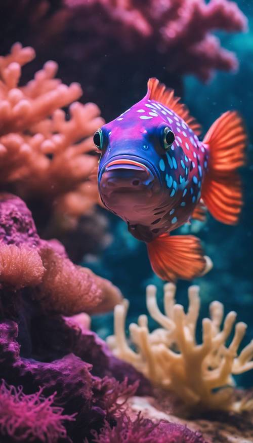 سمكة منقطة ذات ألوان نيون تسبح في تناغم في مشهد تحت الماء مليء بالمرجان.