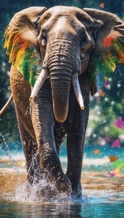 一幅色彩鲜艳的画，画中是一头快乐的大象用鼻子泼水。