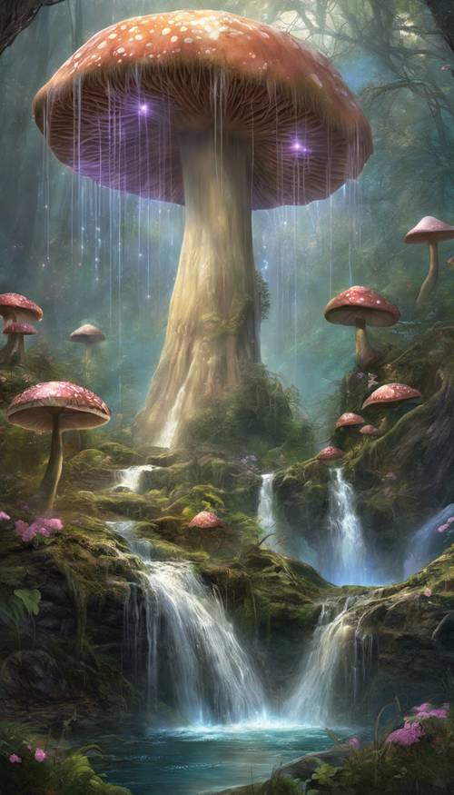 Ein verzauberter Wasserfall, der aus einem riesigen Pilz herabstürzt und um den glitzernde Feen herumflattern.