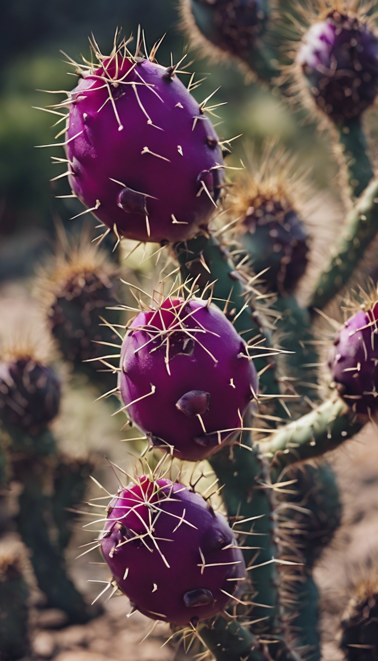 A prickly pear cactus with large paddles and dark purple fruits, against a stony background. ផ្ទាំង​រូបភាព[2f720eaf08314b3f8527]