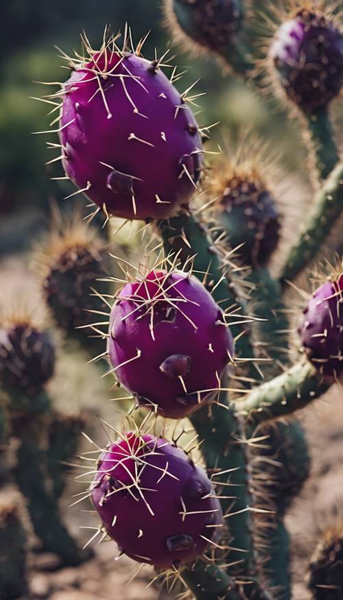 Kaktus opuncja z dużymi łopatkami i ciemnofioletowymi owocami na kamienistym tle.