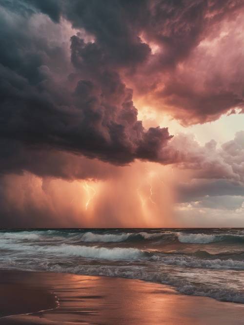عاصفة صيفية مفعمة بالحيوية تقترب فوق المحيط عند غروب الشمس.