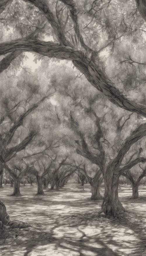 Detailed graphite sketch of a weathered lemon grove from the Victorian era.