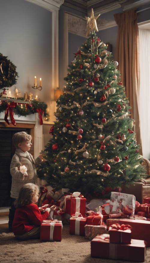 Viktorya döneminden kalma, geleneksel şekilde dekore edilmiş bir ağacın ve hediyelerini açan çocukların yer aldığı bir Noel sahnesi.