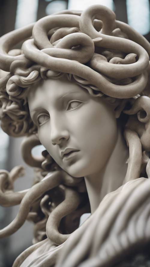 Uma escultura da Medusa em estilo grego clássico, feita em mármore.