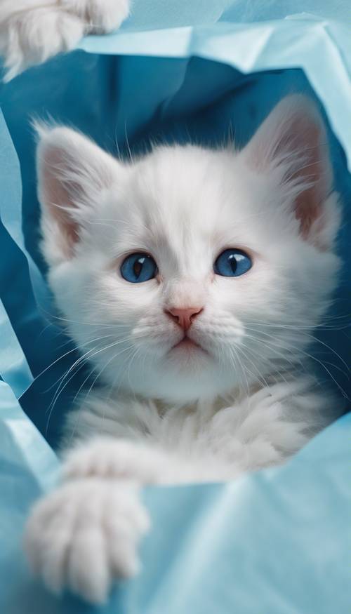 Um par de gatinhos brancos fofos escondidos em um saco de papel azul, parecendo travessos