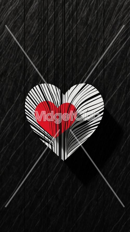 Diseño de corazón rojo y blanco sobre fondo de rayas negras