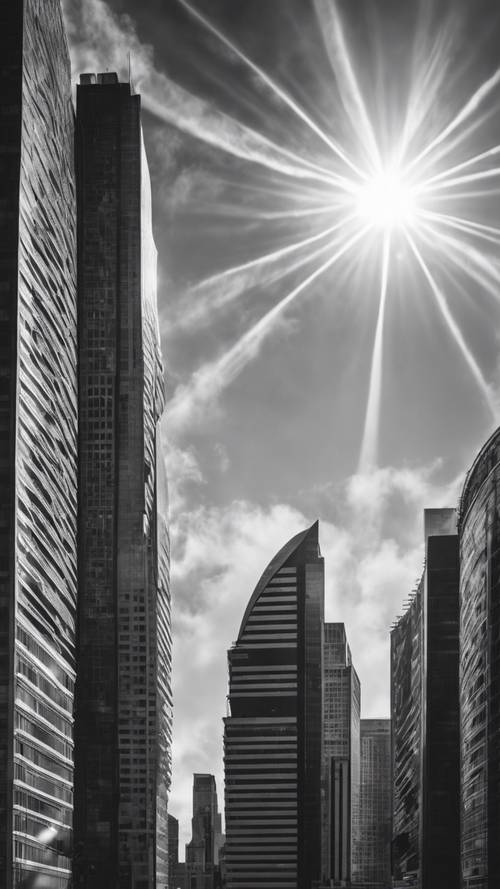 머리 위에 태양 후광이 있는 도시 고층 건물의 아름다운 흑백 사진
