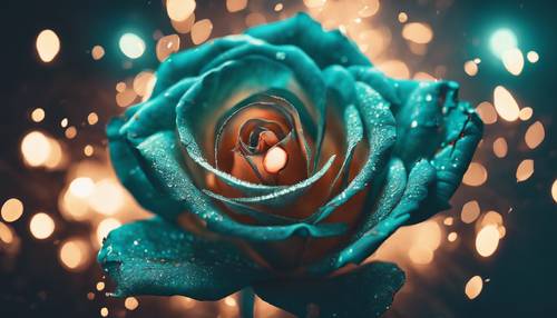 Surrealistyczne podejście do kwitnącej turkusowej róży emanującej iskrami światła.