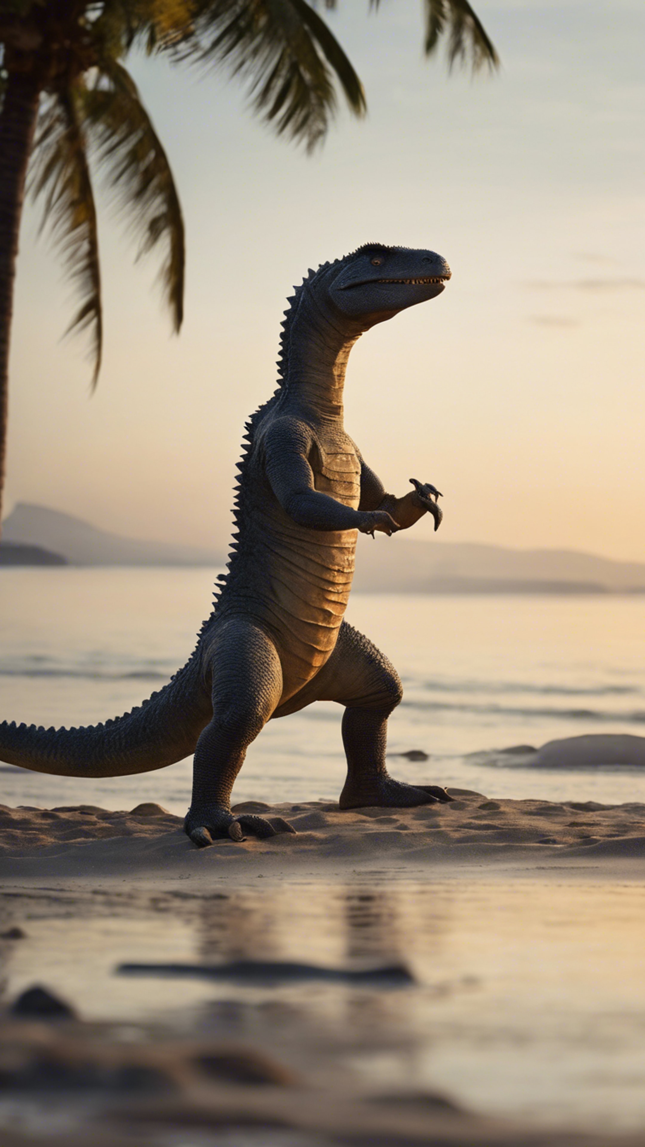 A tranquil scene of Thescelosaurus practicing Tai-Chi during the early dawn on a peaceful beach. Behang[4138bc2c7b604ba6814f]
