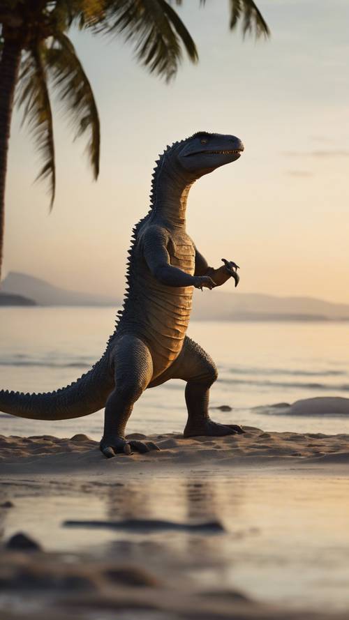 مشهد هادئ لـ Thescelosaurus وهو يمارس رياضة التاي تشي أثناء الفجر المبكر على شاطئ هادئ.