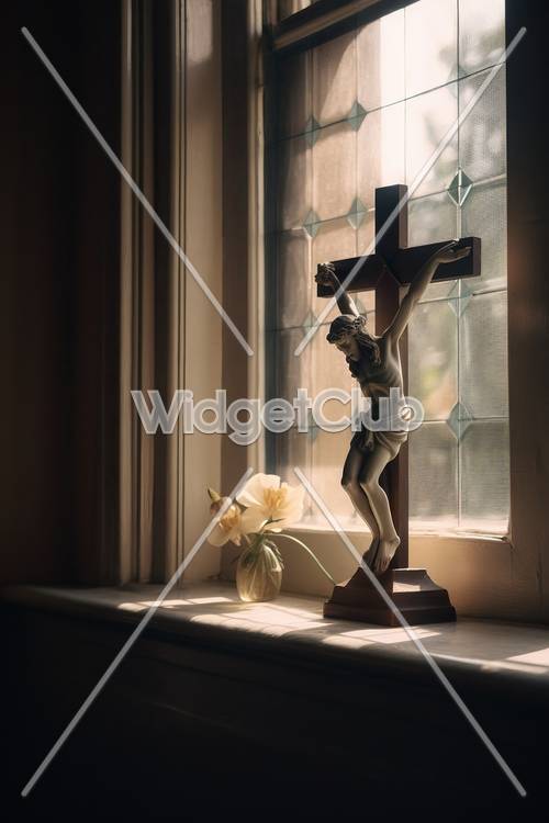 窓辺のイエス: 静かな教会の像の風景