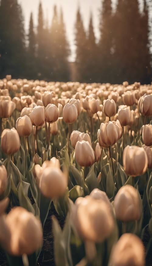 A scenic view of an open meadow filled with tan tulips.