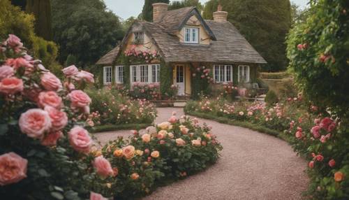 Живописная дорожка из розария с цветущими разноцветными розами по обеим сторонам, ведущая к причудливому маленькому коттеджу.
